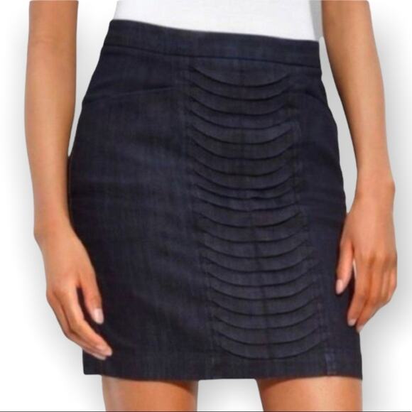 Leifsdottir Denim Mini Skirt Pleated Ruffle Front Dark Blue Wash Size 6 - Picture 2 of 11